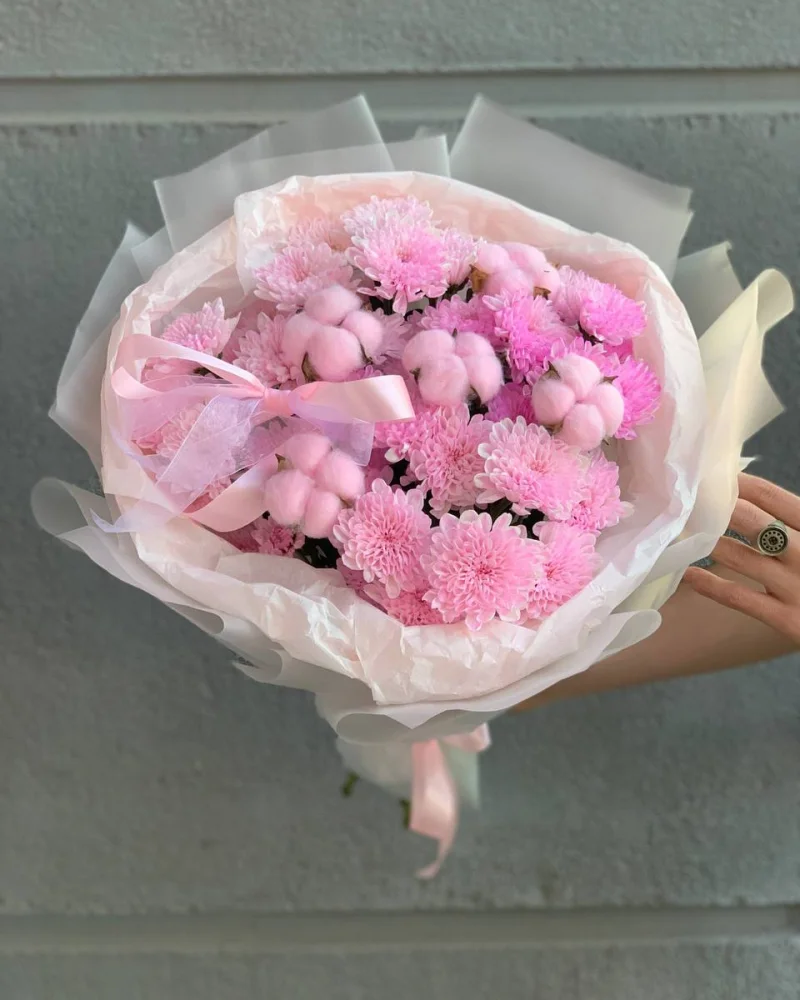 Букет из хлопка и хризантем Няша